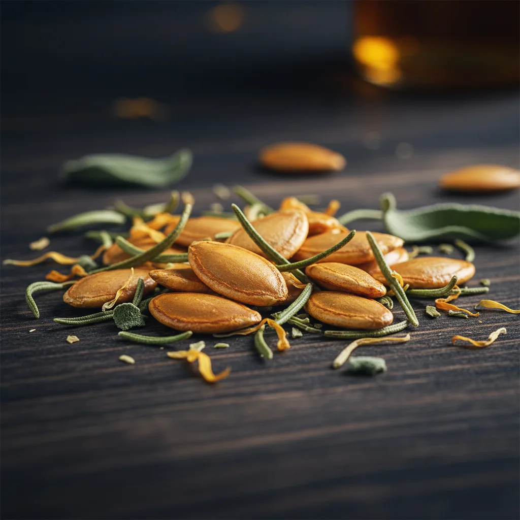 Macro-opname pompoenzaad extract capsules op donker houten oppervlak